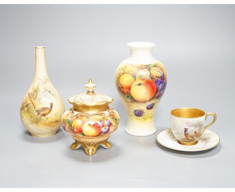 A Royal Worcester fruit painted small pot pourri and cover, 10.9cm high and a similar vase, 15cm, a Royal Worcester miniature