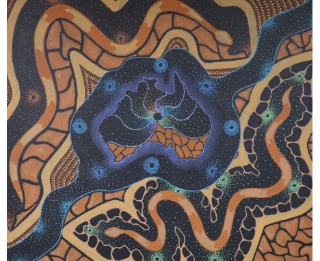 First Nation Aboriginal School in the Nukunu manner, oil on canvas, 'Snake and river', 58 x 67cm