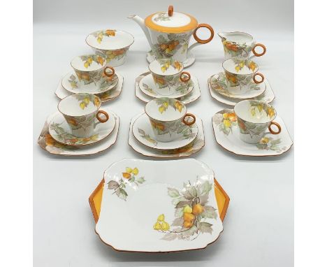 Shelley porcelain part tea service, decorated in the Cape Gooseberry pattern, printed and painted marks, comprising teapot on