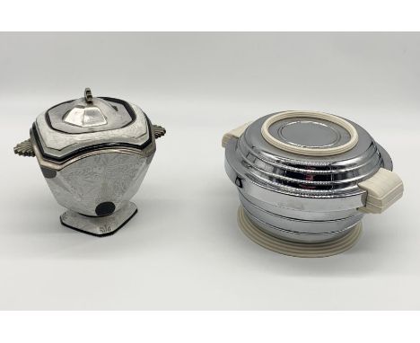 An Art Deco felt-lined chrome and bakelite warmer dish along with an Art Deco ceramic tea caddy/biscuit barrel