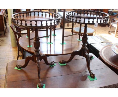 Pair mahogany circular galleried top tripod wine tables, 64cm by 46cm diameter.