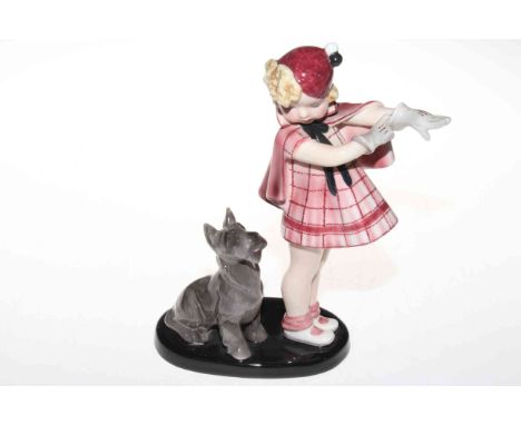 Goldscheider figure of girl with Scottie dog, impressed No. 7664, signed G Bouret, 23cm high.