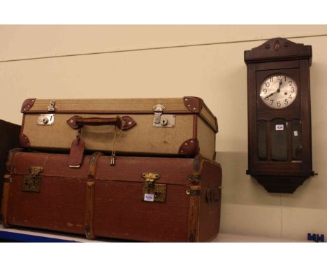 Early 20th Century oak wall clock, vintage trunk and suitcase (3).
