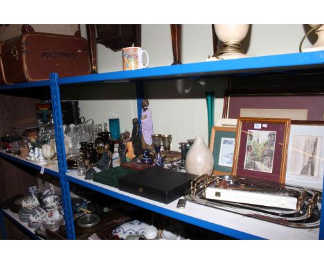 Glassware including decanters, cased binoculars, electrical and other tools, china, pictures, metalware, etc.