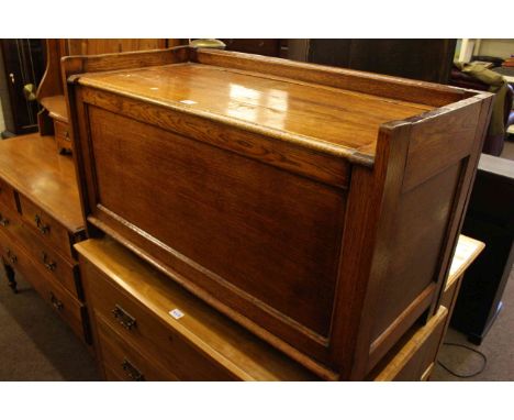 Pine open bookcase, oak blanket box, Victorian carved oak corner wall cupboard and brass column oil lamp (4).