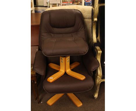 Stressless style adjustable swivel chair and footstool in brown faux leather and Lazboy reclining rocking chair in light fabr