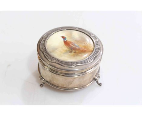 Silver ring box with Royal Worcester inset painted with pheasant and signed by Stinton, date code for 1912, 9cm diameter.