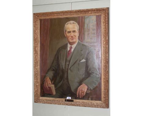 Large portrait oil on canvas of C W Gilchrist, founder Gilchrist Brothers Ltd, 89cm by 69.5cm, framed.