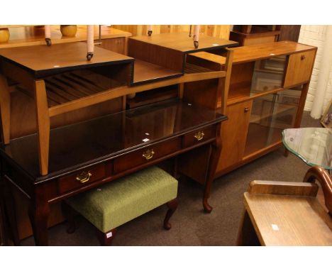 Teak cabinet, coffee table, cabriole leg console table, footstool, globe cocktail cabinet and glass topped console table (6).