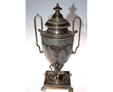 Silver plated samovar bearing inscription to W H Wilkinson 1905, 50cm high.