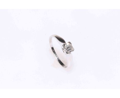 Solitaire diamond ring set in 9 carat white gold, clarity VS1, size O.