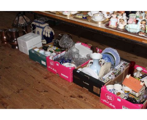 Collection of metal wares, ceramics, glass, elephant stand, lamp, Thomas Kinkade 'Lamplight Village' etc.