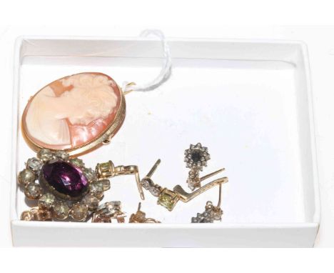 14 carat gold cameo brooch, 9 carat gold earrings and antique amethyst brooch.