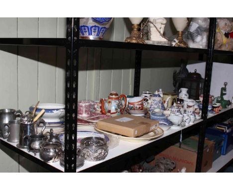 Shelf collection including egg shell, Oriental tea wares, Mason's, Denby, Old Willow, Aynsley, Lantern, Commemorative china, 