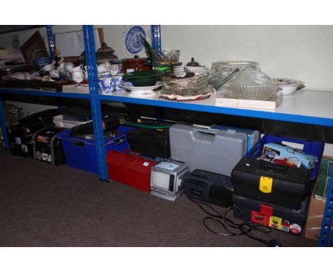 Large collection of electrical and hand tools, motorbike back boxes, two vintage mini portable televisions, etc.
