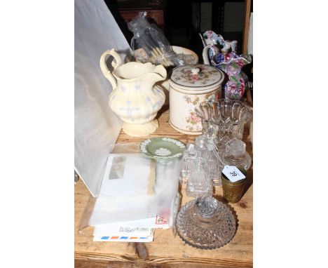 First Day Covers, glass, Wedgwood, cutlery, jugs, biscuit jar, etc.