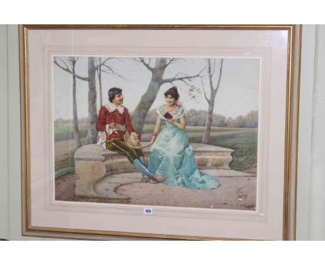 Filippo Indoni (1842-1908) Watercolour of Romantic Scene of Girl in Satin Dress and Gallant seated on Stone Bench, 54cm by 75