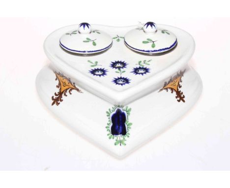 Wemyss ware heart shaped inkwell decorated in the Turkish pattern, with its liners and lids.