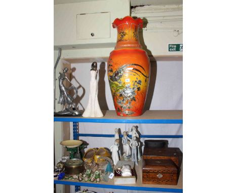 Large mother of pearl decorated vase, Lladro, Nao and other figures, Victorian inlaid boxes, kitchen scales, Smiths clock, bi