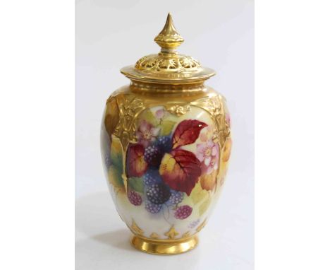 Royal Worcester pot pourri vase and cover, painted with berries and signed K Blake, shape No. 169B, date code for 1938, 18.5c