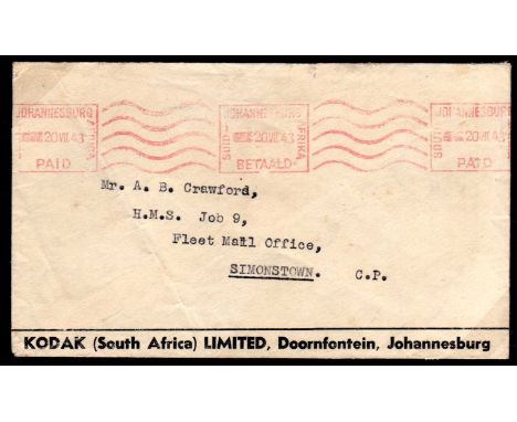 TRISTAN DA CUNHA: 1943 (20 JULY) INCOMING COVER FROM JOHANNESBURG ADDRESSED TO "A.B. CRAWFORD H.M.S. JOB 9, FLEEET MAIL OFFIC