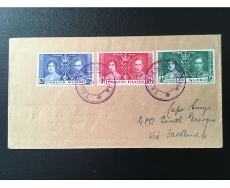 TRISTAN DA CUNHA: 1981-2009 COLLECTION OF FIRST DAY COVERS IN TWO ALBUMS, ALSO 1938 COVER BEARING FALKLAND ISLANDS 1937 CORON