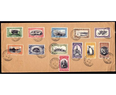 FALKLAND ISLANDS: 1933 CENTENARY SET SET ON UNADDRESSED ENVELOPE, EACH TIED PORT STANLEY 31 OC 33 CDS, THE 5/- BEING THE BLAC
