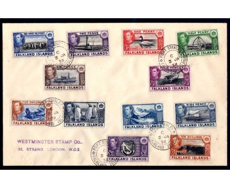 FALKLAND ISLANDS: 1938 WESTMINSTER STAMP Co. COVER TO LONDON BEARING ORIGINAL SET OF TWELVE TO £1 NEATLY TIED BY PORT STANLEY