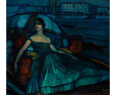 FEDERICO BELTRÁN MASSES (Güira de Melena, Cuba, 1885 - Barcelona, 1949)."Lady in Venice", Paris, 7-4-1924.Oil on canvas. Reli