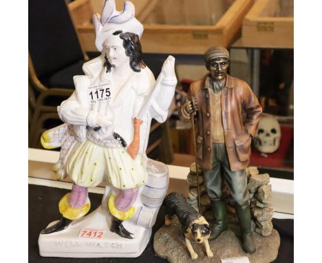 Staffordshire flatback figure of a gentleman in period costume and a Leonardo Collection figurine of a farmer and dog. Not av