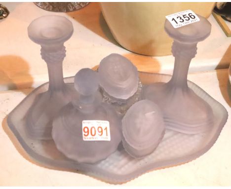 Vintage dressing table set in smoked blue glass. Not available for in-house P&amp;P, contact Paul O'Hea at Mailboxes on 01925