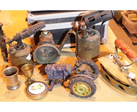 Two blowtorches and other items including Chad Valley tractor. Not available for in-house P&amp;P, contact Paul O'Hea at Mail