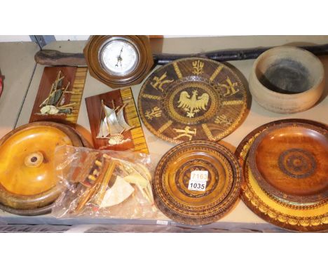 Quantity of treen items including bowls, plates, barometer, walking stick etc. Not available for in-house P&amp;P, contact Pa