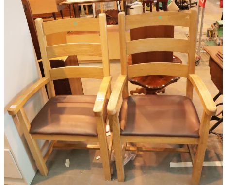 Two large oak ladder back upholstered seat armchairs. Not available for in-house P&amp;P, contact Paul O'Hea at Mailboxes on 