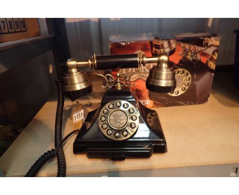 GPO Duke, push button telephone with a black &amp; brass finish and cloth, handset curly cord, compatible with standard analo