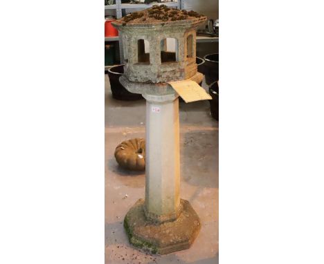 Weathered stoneware bird table with lantern effect top L: 130cm. Not available for in-house P&amp;P, contact Paul O'Hea at Ma