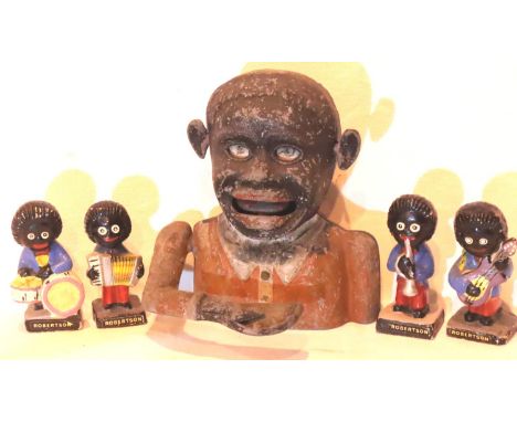 Four Robertsons Gollies and a vintage cast money box. P&amp;P Group 1 (£14+VAT for the first lot and £1+VAT for subsequent lo