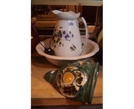 Large dressing table bowl and ewer and a ceramic wall pocket. Not available for in-house P&amp;P, contact Paul O'Hea at Mailb