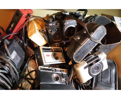 Collection of vintage cameras including Zenit, Konica and Kodak, with accessories.  P&amp;P Group 1 (£14+VAT for the first lo