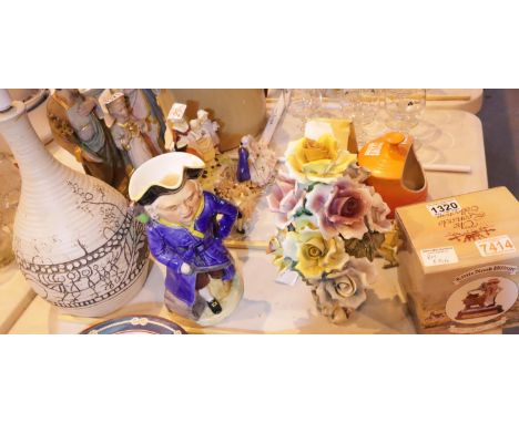Large ceramic musical toby jug, ceramic floral display and a large table lamp. Not available for in-house P&amp;P, contact Pa