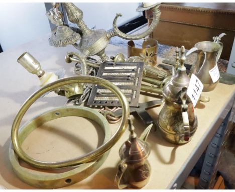 Selection of brass and metalware including a vintage light fitting. Not available for in-house P&amp;P, contact Paul O'Hea at