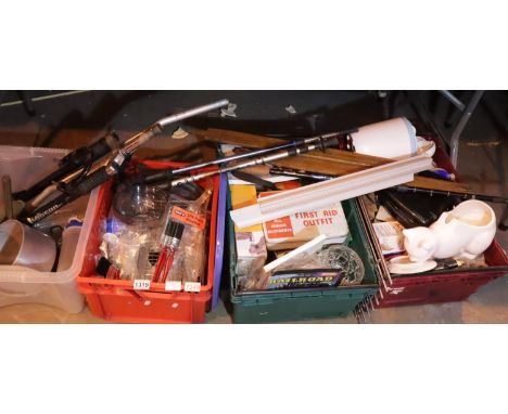 Four boxes of mixed items to include tools, ceramics, front suspension bike forks and handlebars etc. Not available for in-ho