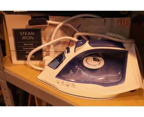 Boxed Tesco 2400w white and blue steam iron. P&amp;P Group 1 (£14+VAT for the first lot and £1+VAT for subsequent lots) Condi
