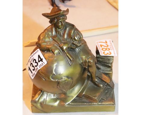 Hollow cast brass Christopher Columbus with globe figure, H: 15 cm. Not available for in-house P&amp;P, contact Paul O'Hea at