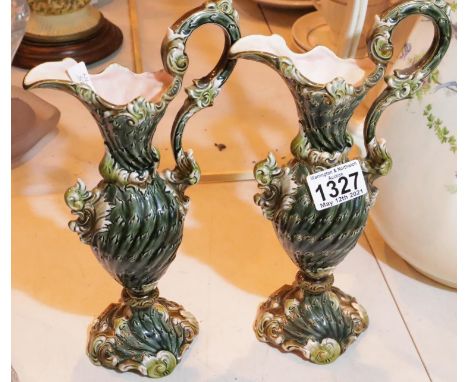 Pair of 19th century decorative ceramic ewers. Not available for in-house P&amp;P, contact Paul O'Hea at Mailboxes on 01925 6