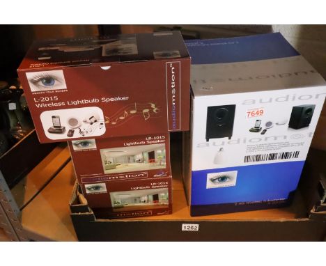 Four Audio Motion wireless speakers and subwoofer, boxed, new old stock. P&amp;P Group 2 (£18+VAT for the first lot and £3+VA