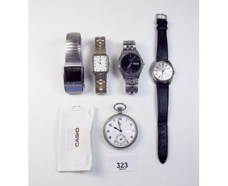 An Omega pocket watch and four other various mens wrist watches including a Casio Illuminator No1604