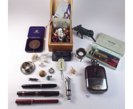 A box of collectables including hip flask, fountain pens etc