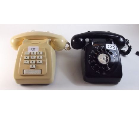 A black dial telephone and another push button one