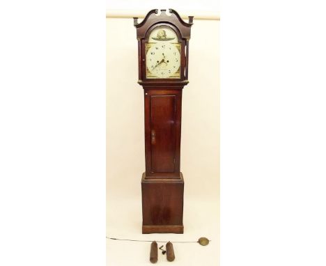 A Victorian oak longcase clock with swan neck pediment over painted dial by Lewis Hopkins, Tewkesbury